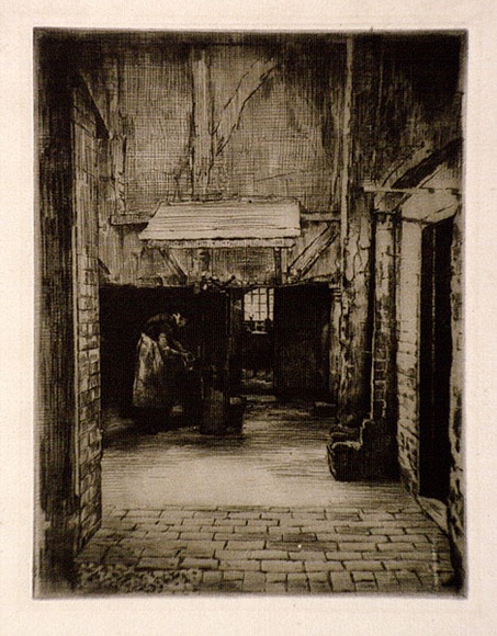 Artist: b'Menpes, Mortimer.' | Title: b'(Woman at work in a scullery)' | Technique: b'etching and drypoint, printed in black ink, from one plate'