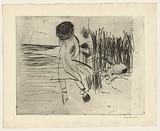 Title: b'not titled [female walking along beach with hat over face]' | Date: c.1960 | Technique: b'drypoint, printed in black ink, from one plate'