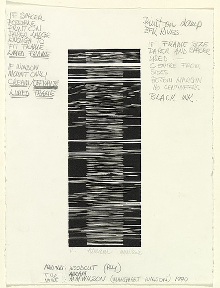 Artist: b'Wilson, Margaret.' | Title: b'Abeam' | Date: 1990 | Technique: b'woodcut, printed in black ink, from one plywood block'