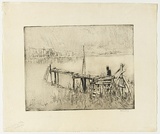 Artist: LONG, Sydney | Title: The Old landing jetty, Hawksbury | Date: 1928, before | Technique: line-etching, printed in black ink with plate-tone, from one plate | Copyright: Reproduced with the kind permission of the Ophthalmic Research Institute of Australia