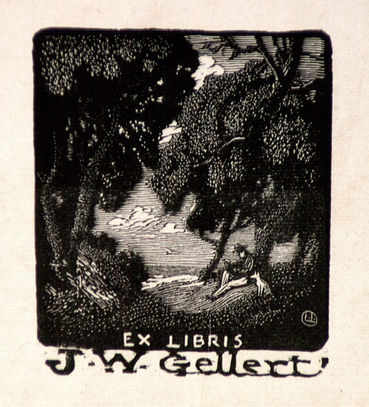 Artist: b'LINDSAY, Lionel' | Title: b'Book plate: J.W. Gellert' | Date: 1923 | Technique: b'wood-engraving, printed in black ink, from one block' | Copyright: b'Courtesy of the National Library of Australia'