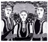 Artist: b'Zulumovski, Vera.' | Title: b'Three eligible daughters' | Date: 1991 | Technique: b'linocut, printed in black ink, from one block'