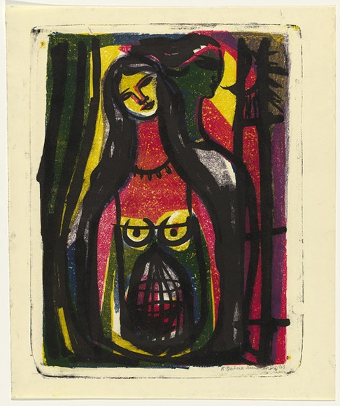 Artist: b'HANRAHAN, Barbara' | Title: b'Lovers with a birdcage' | Date: 1960 | Technique: b'lithograph, printed in colour, from six stones'
