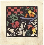 Artist: b'PRESTON, Margaret' | Title: b'Still life, check' | Date: 1925 | Technique: b'woodcut, printed in black ink, from one block; hand-coloured' | Copyright: b'\xc2\xa9 Margaret Preston. Licensed by VISCOPY, Australia'