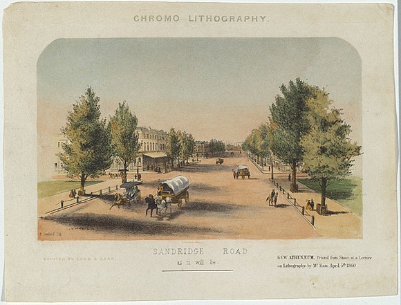 Title: b'Sandridge Road as it will be.' | Date: 1860 | Technique: b'lithograph, printed in colour, from multiple stones; additional hand-colouring'