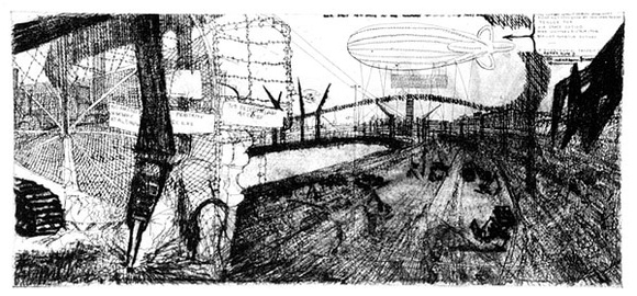 Artist: b'Rooney, Elizabeth.' | Title: b'Bridgehead revisited' | Date: 1986 | Technique: b'etching, aquatint and roulette printed in black ink, from one  plate'