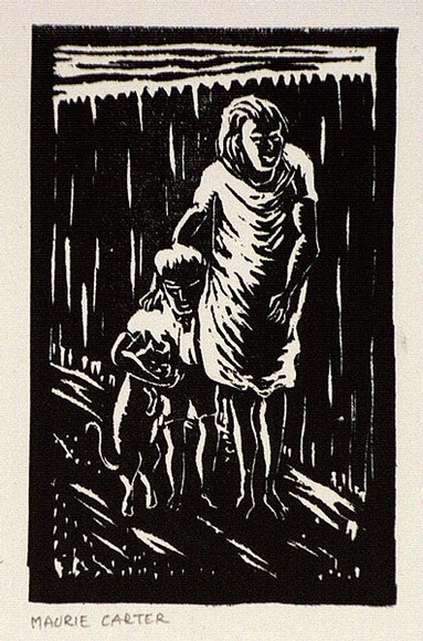 Artist: b'Carter, Maurie.' | Title: b'(Woman, child and cat).' | Date: (1949) | Technique: b'linocut, printed in black ink, from one block'