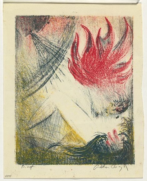 Artist: b'BOYD, Arthur' | Title: b'(Two figures, with blowing head and flames).' | Date: 1960-70 | Technique: b'etching, printed in colour, from one plate' | Copyright: b'Reproduced with permission of Bundanon Trust'