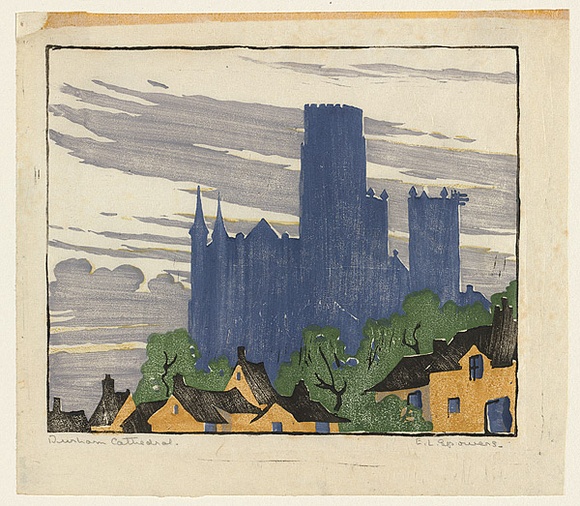 Artist: Spowers, Ethel. | Title: Durham Cathedral | Date: c.1924 | Technique: woodcut, printed in colour in the Japanese manner, from five blocks