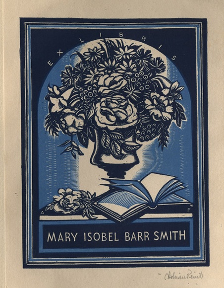 Artist: b'FEINT, Adrian' | Title: b'Bookplate: Mary Isobel Barr Smith.' | Date: (1937) | Technique: b'wood-engraving, printed in colour, from two blocks in light and dark blue inks' | Copyright: b'Courtesy the Estate of Adrian Feint'