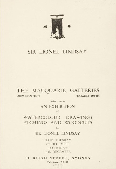 Title: b'Sir Lionel Lindsay. An exhibition of watercolour drawings etchings and woodcutsand Engravings by Sir Lionel Lindsay. Sydney: Macquarie Galleries, 4-14 December 1937.'