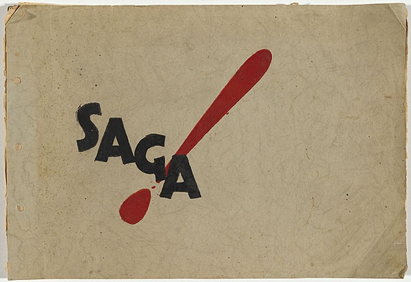 Artist: b'UNKNOWN, WORKER ARTISTS, SYDNEY, NSW' | Title: b'Saga!' | Date: 1933 | Technique: b'linocut, printed in colour, from two blocks (black and red)'