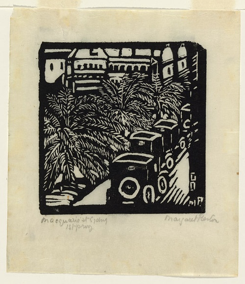 Artist: b'PRESTON, Margaret' | Title: b'Macquarie Street' | Date: c.1925 | Technique: b'woodcut, printed in black ink, from one block' | Copyright: b'\xc2\xa9 Margaret Preston. Licensed by VISCOPY, Australia'