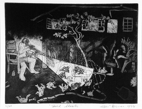 Artist: b'McBurnie, Ron.' | Title: b'Toad shooter' | Date: 1988 | Technique: b'hardground-etching, aquatint and burnishing, printed in black ink, from one zinc plate' | Copyright: b'\xc2\xa9 Ron McBurnie'