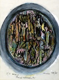 Artist: b'SHEARER, Mitzi' | Title: b'not titled [oval]' | Date: 1977-85 | Technique: b'woodcut, printed in black ink, from one block, hand-coloured, various colour'