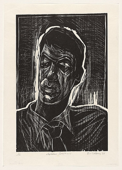 Artist: b'AMOR, Rick' | Title: b'Andrew Southall.' | Date: 1986 | Technique: b'woodcut, printed in black ink, from one block'