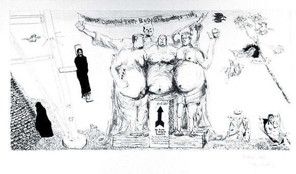 Artist: b'COLEING, Tony' | Title: b'The first Queensland beer belly championships 1984.' | Date: 1984 | Technique: b'etching and aquatint'