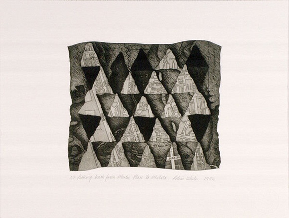 Artist: b'White, Robin.' | Title: b'Looking back from Martin Place to Matata.' | Date: 1992 | Technique: b'photo etching and aquatint, printed in brown ink, from one  plate'