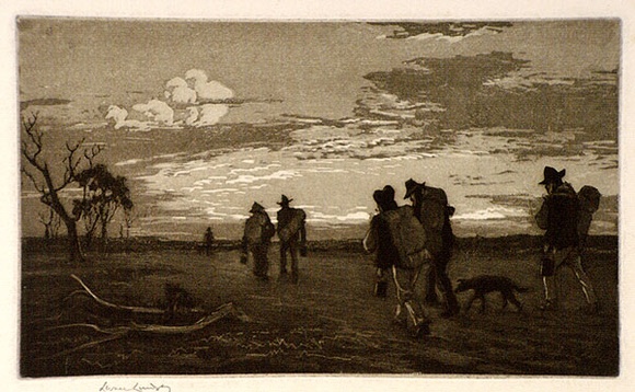 Artist: LINDSAY, Lionel | Title: Tramping for tucker | Date: 1917 | Technique: aquatint, etching, burnishing, printed in brown ink, from one plate | Copyright: Courtesy of the National Library of Australia