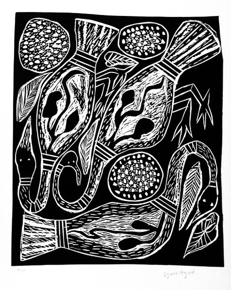 Artist: b'Djurritjini, Charlie.' | Title: b'Magpie geese' | Date: c.1992 | Technique: b'linocut, printed in black ink, from one block'