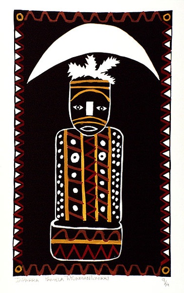 Artist: b'TIPUAMANTUMIRRI, Pamela' | Title: b'Japarra' | Date: 1988 | Technique: b'screenprint, printed in black ink, from one stencil; hand-coloured'