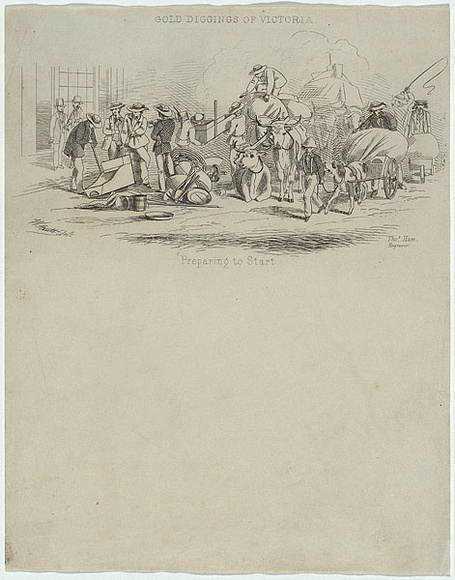 Artist: STRUTT, William | Title: Gold diggings of Victoria. Preparing to start. | Date: 1851 | Technique: line-engraving, printed in black ink, from one copper plate