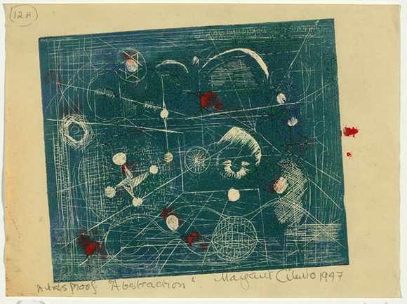 Artist: b'Cilento, Margaret.' | Title: b'Abstraction.' | Date: 1947 | Technique: b'relief-etching, printed in green ink with hand colouring from one  plates,'