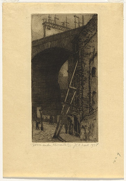 Artist: b'TRAILL, Jessie' | Title: b'Down under, Newcastle' | Date: 1938 | Technique: b'etching and aquatint, printed in black ink with plate-tone, from one plate'