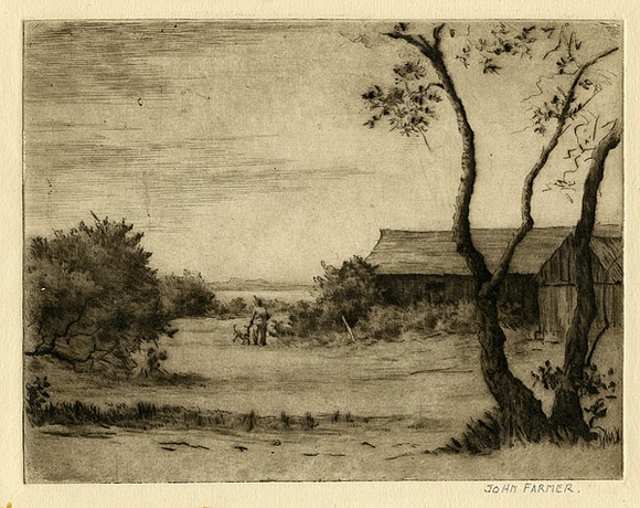 Artist: b'Farmer, John.' | Title: bFisherman's hut. | Date: c.1960 | Technique: b'drypoint, printed in brown ink with plate-tone, from one plate'