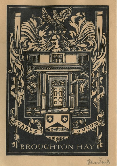 Artist: b'FEINT, Adrian' | Title: b'Bookplate: Broughton Hay.' | Date: (1938) | Technique: b'wood-engraving, printed in black ink, from one block' | Copyright: b'Courtesy the Estate of Adrian Feint'