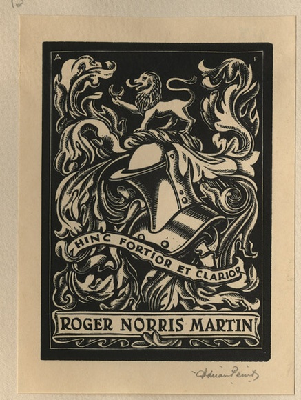 Artist: b'FEINT, Adrian' | Title: b'Bookplate: Roger Norris Martin.' | Date: (1935) | Technique: b'wood-engraving, printed in black ink, from one block' | Copyright: b'Courtesy the Estate of Adrian Feint'