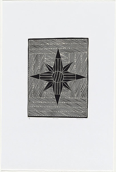 Artist: b'Marika, Banduk.' | Title: b'Banumbirr' | Date: 2000 | Technique: b'linocut, printed in black ink, from one block, screenprint, printed in grey ink, from one stencil' | Copyright: b'\xc2\xa9 Banduk Marika. Licensed by VISCOPY, Australia'