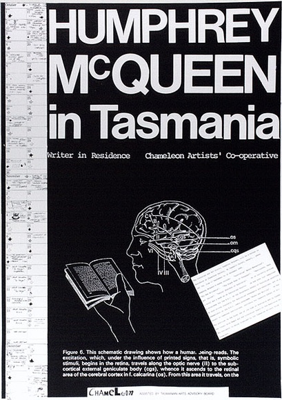 Artist: ARNOLD, Raymond | Title: Humphrey McQueen in Tasmania. Writer in residence. Chameleon Artists' Co-operative. | Date: 1984 | Technique: screenprint, printed in black ink, from one stencil