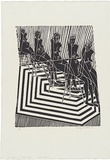 Artist: b'WALKER, Murray' | Title: b'Five figures on sliding chairs.' | Date: 1969 | Technique: b'linocut, printed in black ink, from one block'