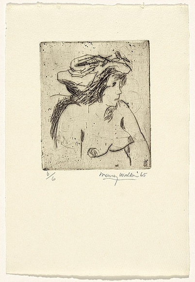 Artist: b'WALKER, Murray' | Title: b'(Female nude with hat)' | Technique: b'etching, printed in black ink, from one plate'