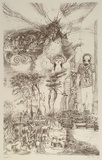 Artist: Gibson, Peter. | Title: not titled ['Images?'; city scene, bathers, gas mask, owl] | Date: 1991 | Technique: lithograph, printed in black ink, from one stone
