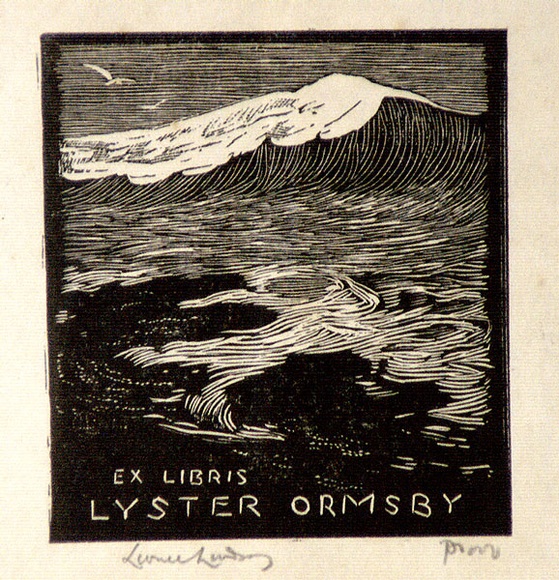 Artist: b'LINDSAY, Lionel' | Title: b'Book plate: Lyster Ormsby' | Date: 1923 | Technique: b'wood-engraving, printed in black ink, from one block' | Copyright: b'Courtesy of the National Library of Australia'