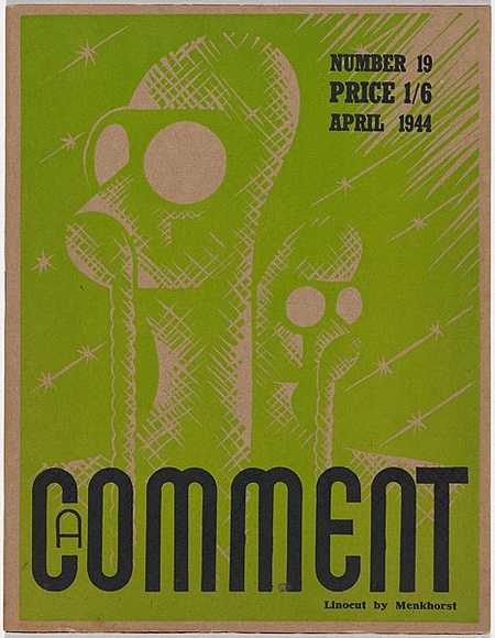 Artist: b'Millere, Robert.' | Title: b'A Comment - no.19,  April 1944' | Date: 1944 | Technique: b'linocut, printed in green ink, from one block; letterpress text'