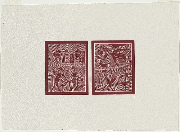 Artist: b'Manydjarri, Wilson.' | Title: b'Wurrapari and Gjandi.' | Date: 1971 | Technique: b'linocut, printed in red-brown ink, from one block'