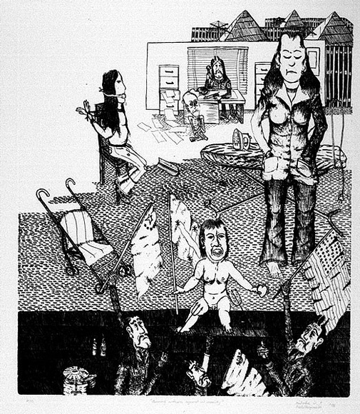 Artist: b'Nedelkopoulos, Nicholas.' | Title: b'Bearing witness against inhumanity' | Date: 1976 | Technique: b'etching, printed in black ink, from one plate'