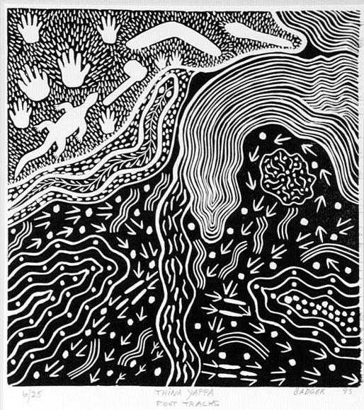 Artist: b'Bates, Badger' | Title: b'Thina yappa (Foot tracks)' | Date: 1993 | Technique: b'linocut, printed in black ink, from one block'