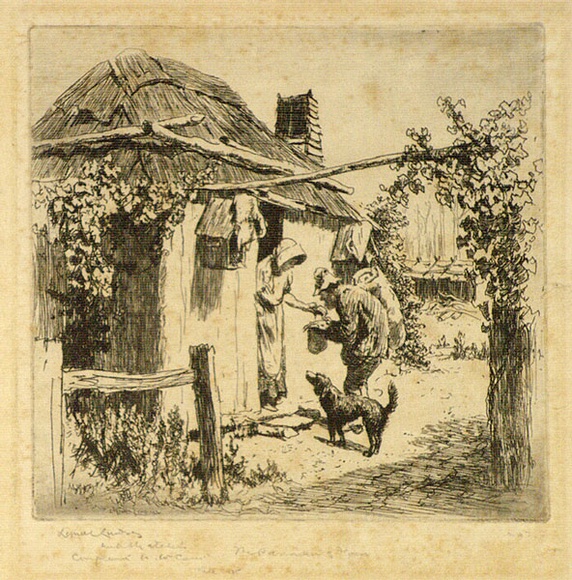 Artist: b'LINDSAY, Lionel' | Title: b'The pannikin of flour' | Date: 1924 | Technique: b'etching, printed in black ink with plate-tone, from one plate' | Copyright: b'Courtesy of the National Library of Australia'