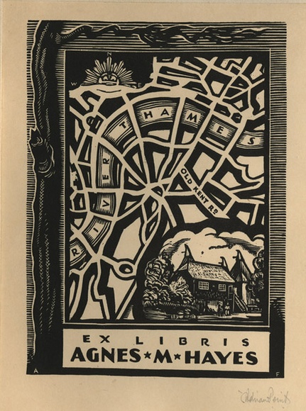 Artist: b'FEINT, Adrian' | Title: b'Bookplate: Agnes M. Hayes.' | Date: (1936) | Technique: b'wood-engraving, printed in black ink, from one block' | Copyright: b'Courtesy the Estate of Adrian Feint'