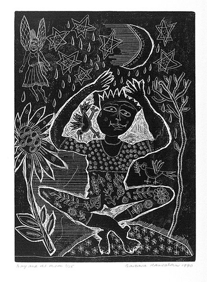 Artist: b'HANRAHAN, Barbara' | Title: b'Boy and the moon' | Date: 1990 | Technique: b'relief-etching, printed in black ink, from one plate'