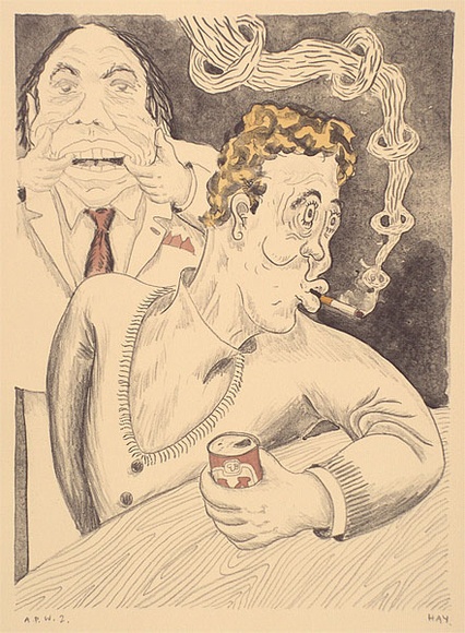 Artist: b'Hay, Bill.' | Title: b'Murray and Loob play up at the Shaker' | Date: 1989, June - August | Technique: b'lithograph, printed in black ink, from one stone; hand-coloured'