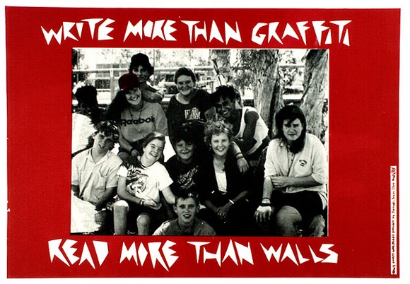 Artist: b'Bradford, Wendy.' | Title: b'Write more than graffitti.' | Date: 1990 | Technique: b'screenprint, printed in red and black ink, from two stencils'