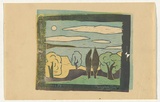 Artist: b'Watson, Percy.' | Title: b'(Landscape)' | Date: 1953 | Technique: b'linocut, printed in colour, from multiple blocks'