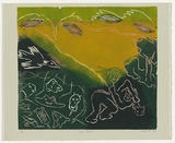 Artist: b'Simmul, Ilme.' | Title: b'Magpie attack' | Date: 1989 | Technique: b'blockprint, printed in colour, from hardboard (masonite) blocks'