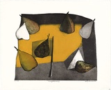 Artist: BALDESSIN, George | Title: Pears (yellow version). | Date: 1972 | Technique: etching and aquatint, printed in black ink, from one shaped plate; over stencil, printed in gradated colour roll, from six stencils.