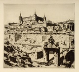 Artist: LINDSAY, Lionel | Title: Toledo, Spain | Date: 1927 | Technique: drypoint, printed in brown ink with plate-tone, from one plate | Copyright: Courtesy of the National Library of Australia